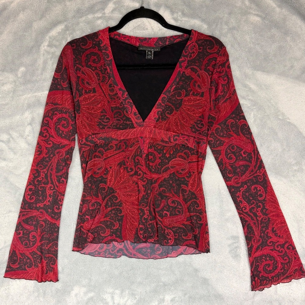 Weston Wear Red Black Paisley Mesh V-Neck Bell Sleeve Top Large Made in USA